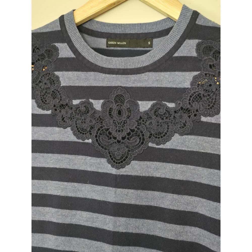 Karen Millen Stretch Lace Yoke Striped Knit Dress Short Sleeve Mini SZ Small - Picture 4 of 6